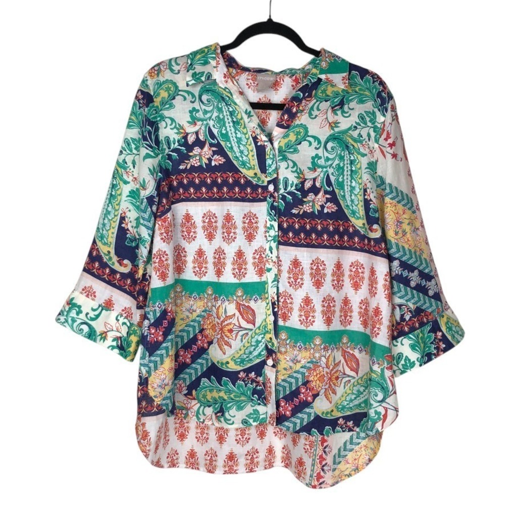 Chico's Bohemian No Iron 100% Linen Mixed Print Button Down Shirt L 14 16‎